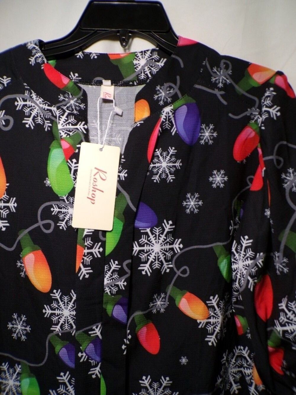 Roshop Women's Tunic Blouse XL Black Multicolor Holiday Christmas Print - Picture 2 of 5